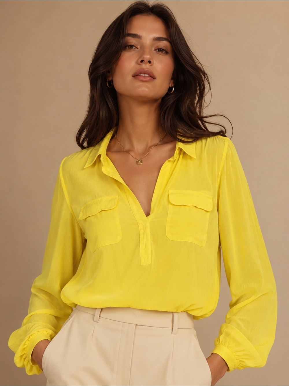 Women's Yellow Pullover V-Neck Blouse with Chest Pockets